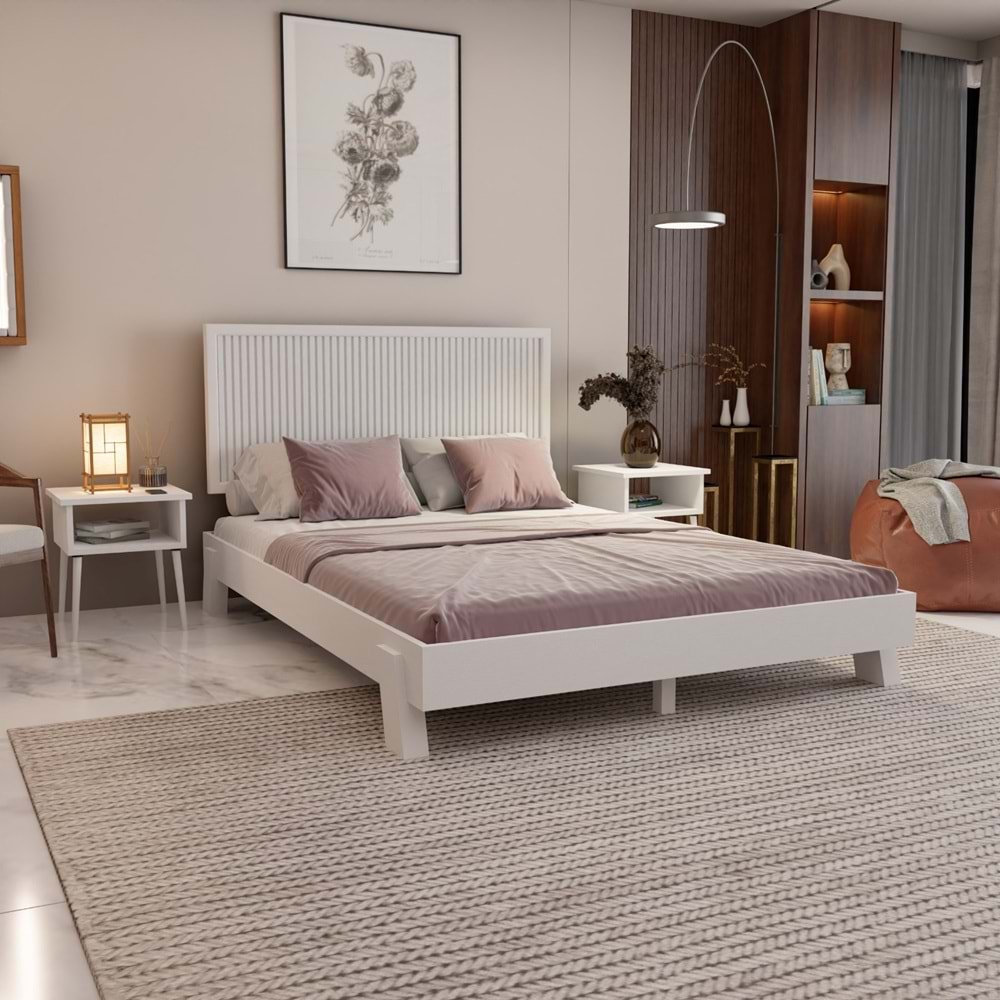 Alaz Model Beyaz Renk Çam Ahşap Karyola Ve İki Komodin Set ( Dikey )
