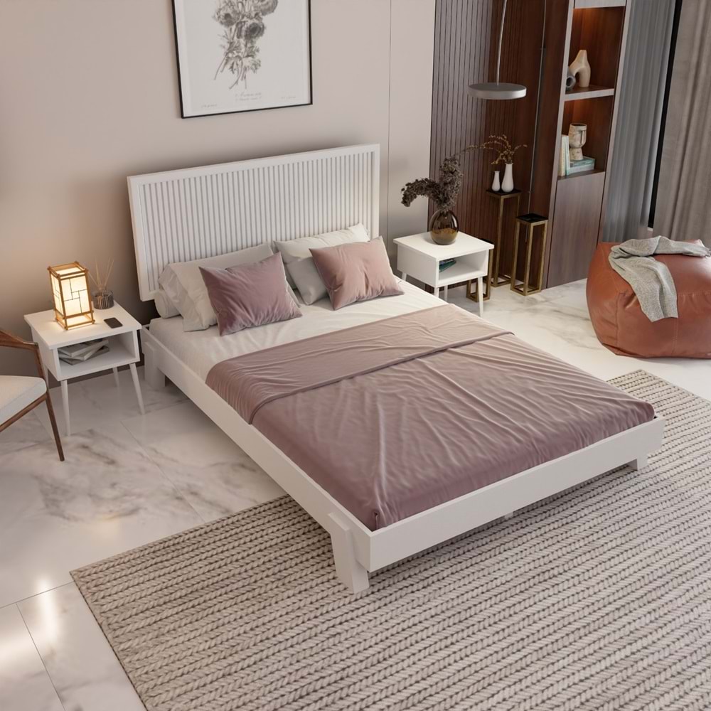 Alaz Model Beyaz Renk Çam Ahşap Karyola Ve İki Komodin Set ( Dikey )