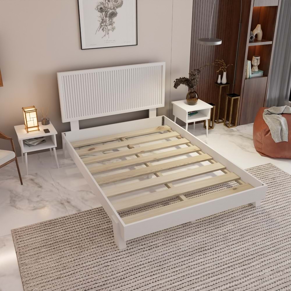 Alaz Model Beyaz Renk Çam Ahşap Karyola Ve İki Komodin Set ( Dikey )