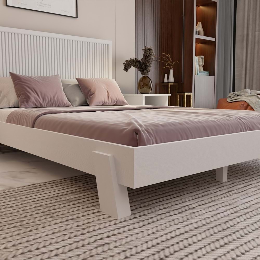 Alaz Model Beyaz Renk Çam Ahşap Karyola Ve İki Komodin Set ( Dikey )