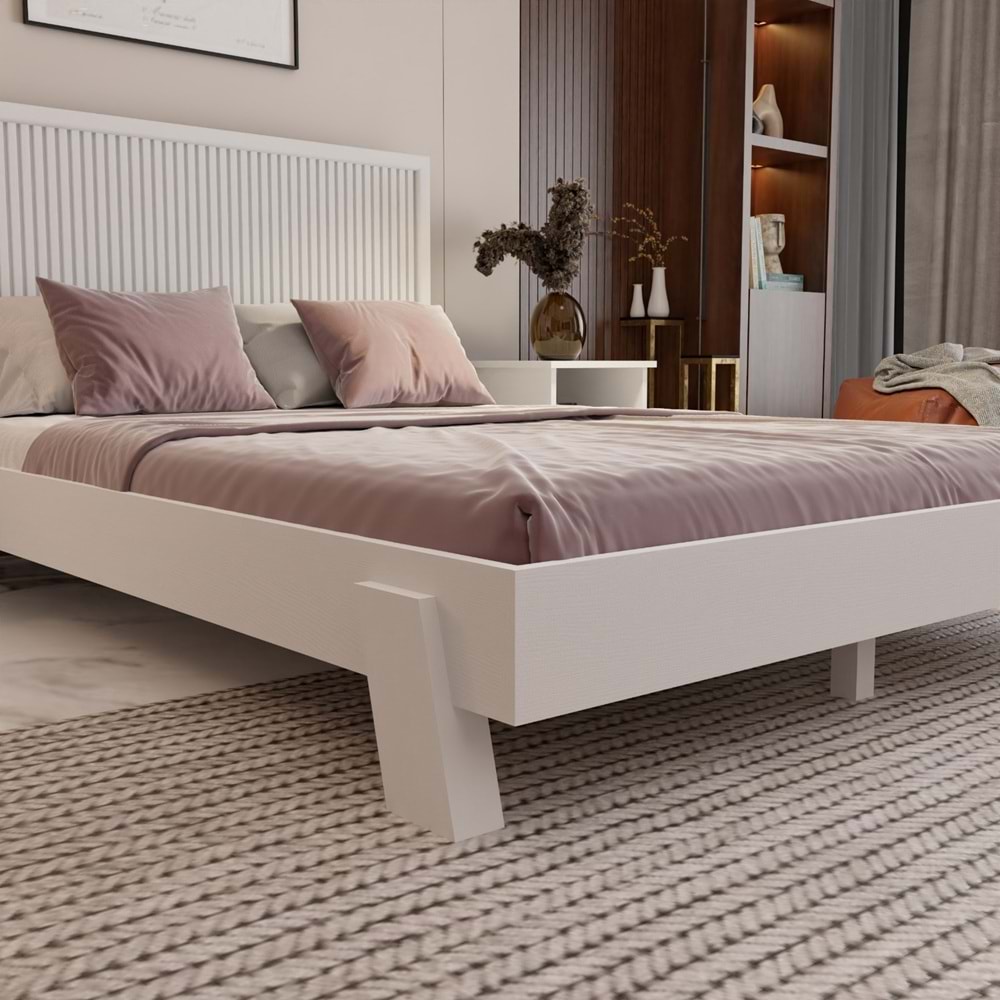 Alaz Model Beyaz Renk Çam Ahşap Karyola Ve İki Komodin Set ( Dikey )