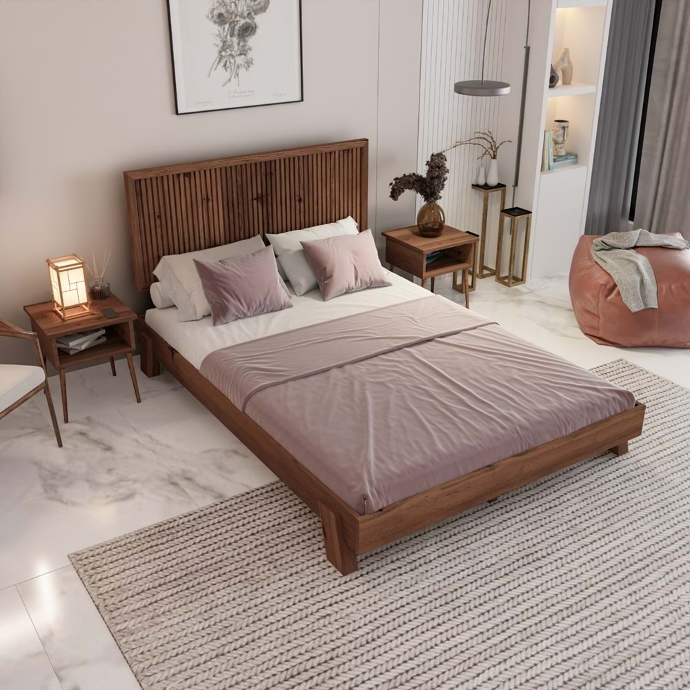 Alaz Model Ceviz Renk Çam Ahşap Karyola Ve İki Komodin Set ( Dikey )