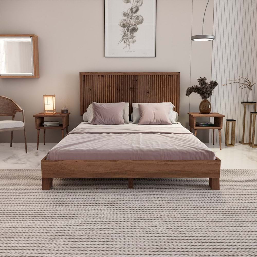 Alaz Model Ceviz Renk Çam Ahşap Karyola Ve İki Komodin Set ( Dikey )