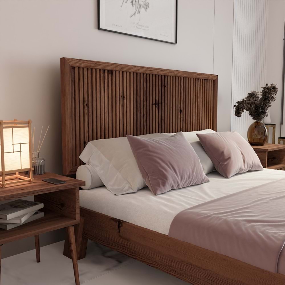 Alaz Model Ceviz Renk Çam Ahşap Karyola Ve İki Komodin Set ( Dikey )