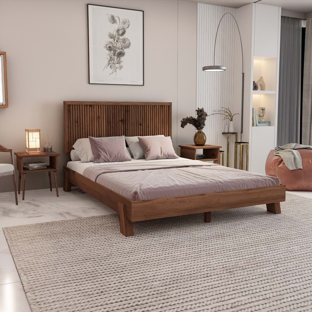 Alaz Model Ceviz Renk Çam Ahşap Karyola Ve İki Komodin Set ( Dikey )