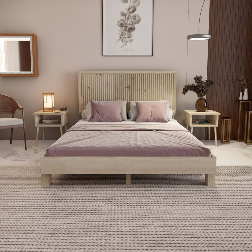 Alaz Model Doğal Çam Ahşap Karyola Ve İki Komodin Set ( Dikey )