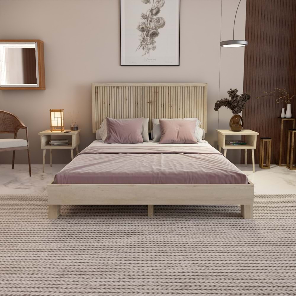 Alaz Model Doğal Çam Ahşap Karyola Ve İki Komodin Set ( Dikey )