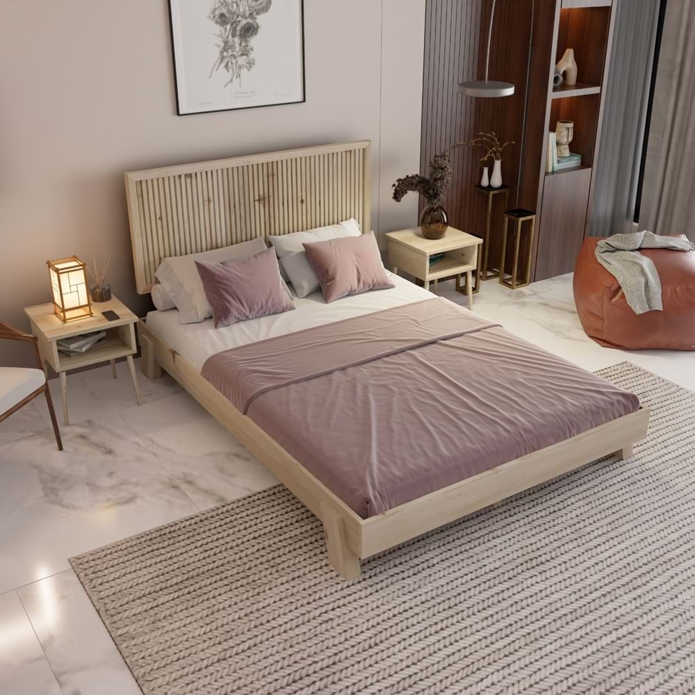 Alaz Model Doğal Çam Ahşap Karyola Ve İki Komodin Set ( Dikey )