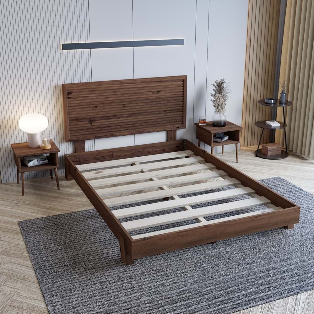 Alaz Model Ceviz Renk Çam Ahşap Karyola Ve İki Komodin Set ( YTY )