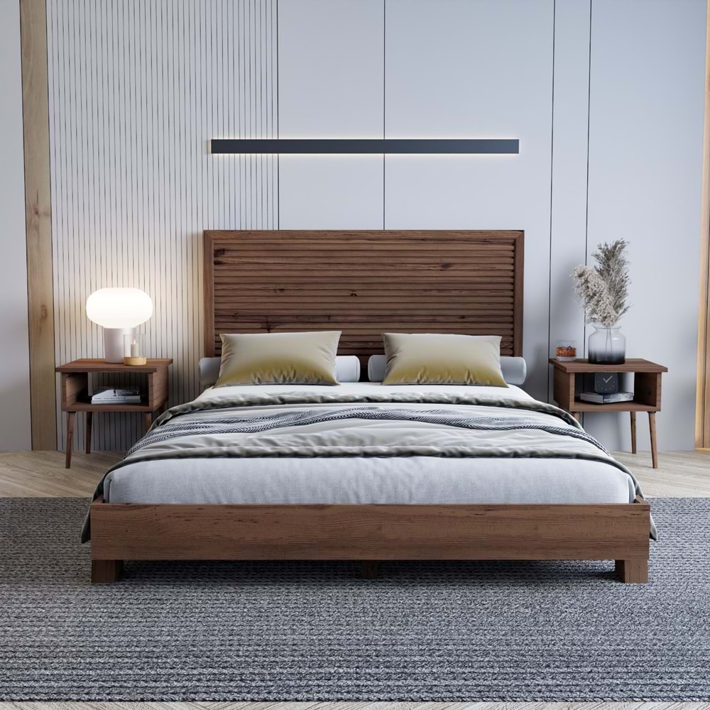 Alaz Model Ceviz Renk Çam Ahşap Karyola Ve İki Komodin Set ( YTY )