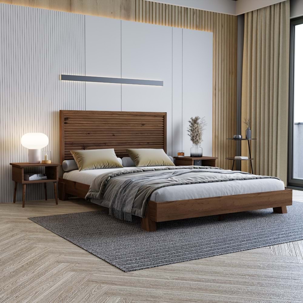 Alaz Model Ceviz Renk Çam Ahşap Karyola Ve İki Komodin Set ( YTY )