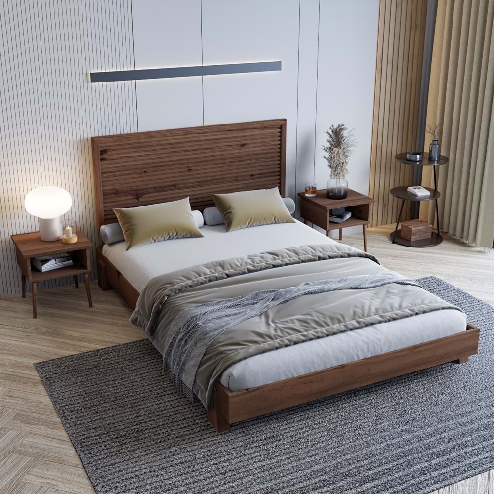 Alaz Model Ceviz Renk Çam Ahşap Karyola Ve İki Komodin Set ( YTY )