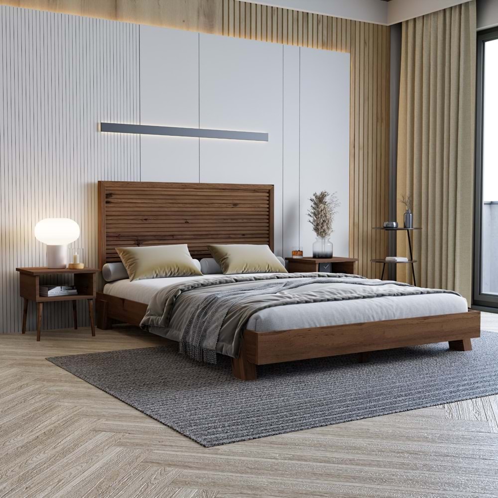 Alaz Model Ceviz Renk Çam Ahşap Karyola Ve İki Komodin Set ( YTY )