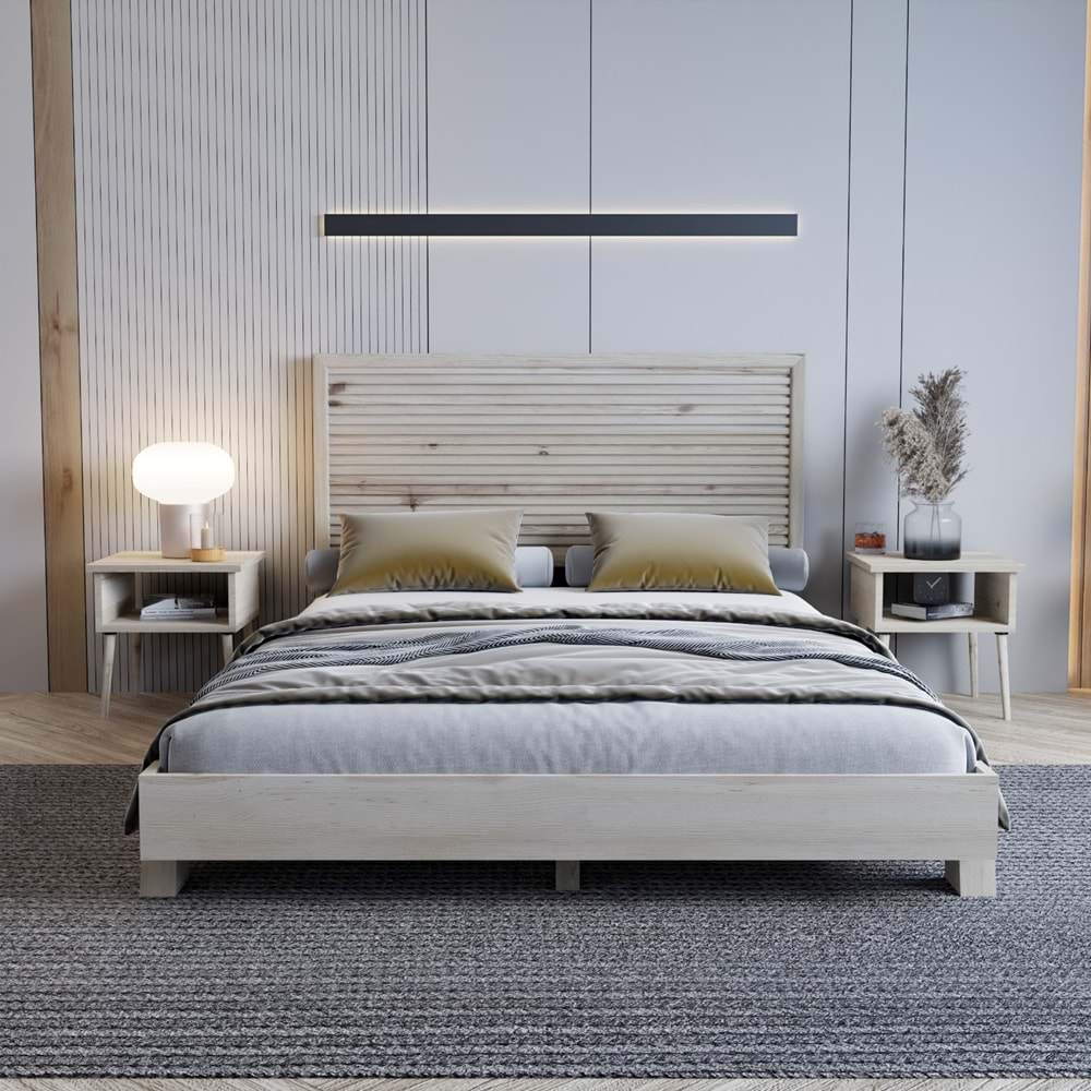 Alaz Model Vernikli Çam Ahşap Karyola Ve İki Komodin Set ( YTY )