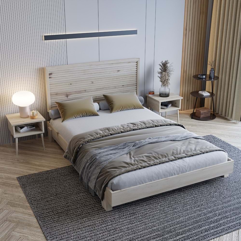 Alaz Model Vernikli Çam Ahşap Karyola Ve İki Komodin Set ( YTY )