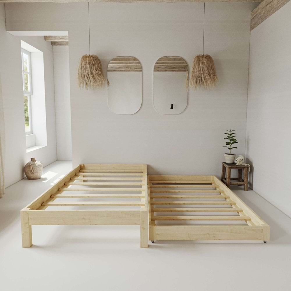 Canvas Model Yavrulu Doğal Çam Ahşap Karyola