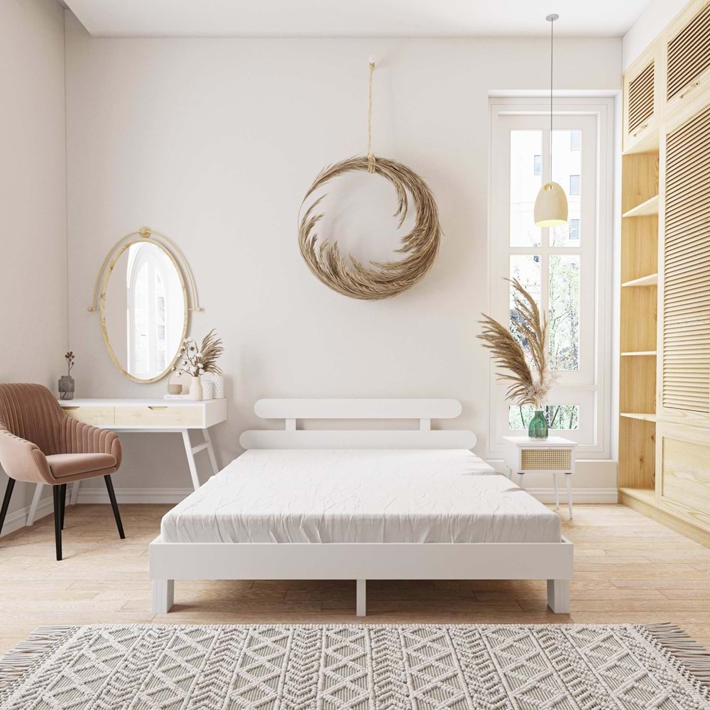 Damla Model Beyaz Renk Ahşap Karyola Ve İki komodin Set
