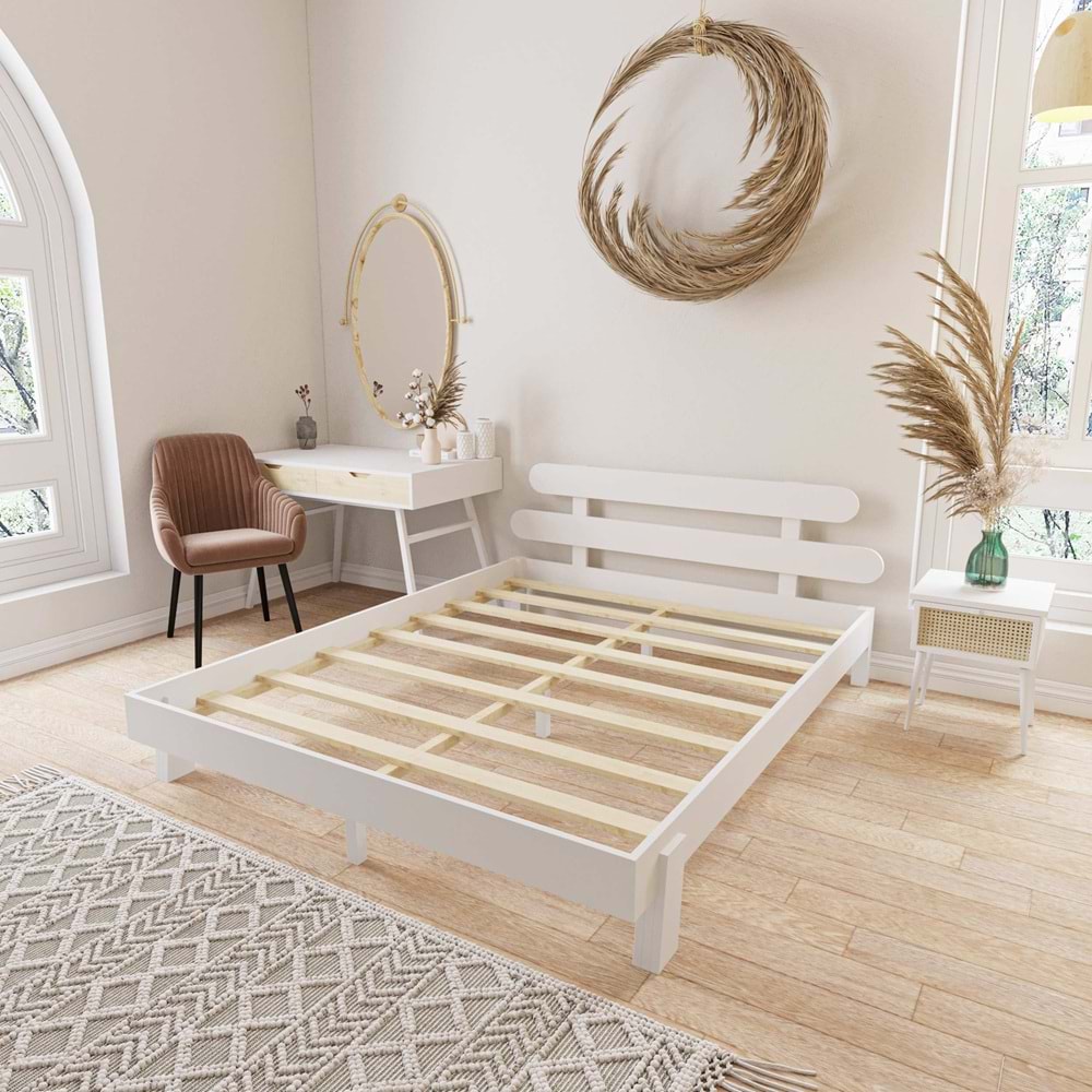 Damla Model Beyaz Renk Ahşap Karyola Ve İki komodin Set