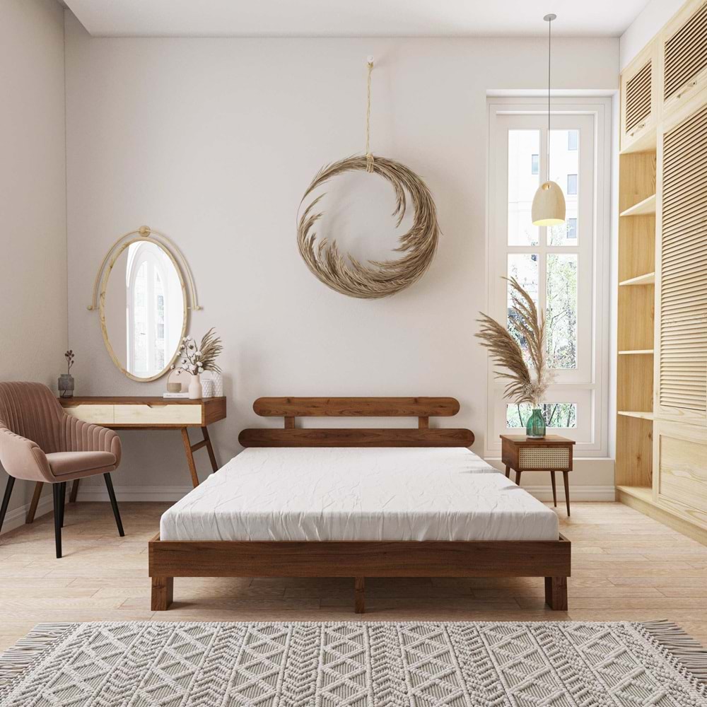 Damla Model Ceviz Renk Ahşap Karyola Ve İki komodin Set