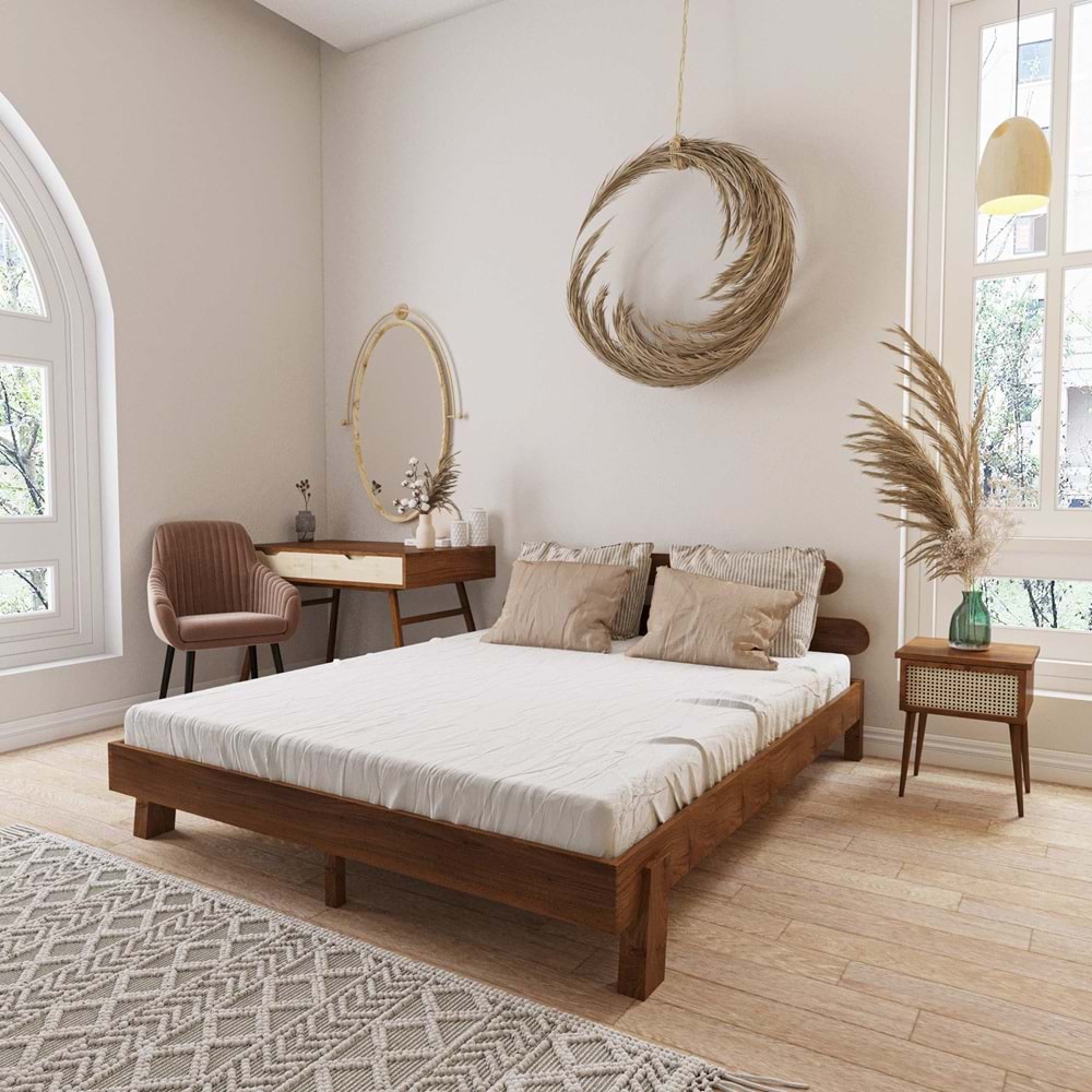 Damla Model Ceviz Renk Ahşap Karyola Ve İki komodin Set