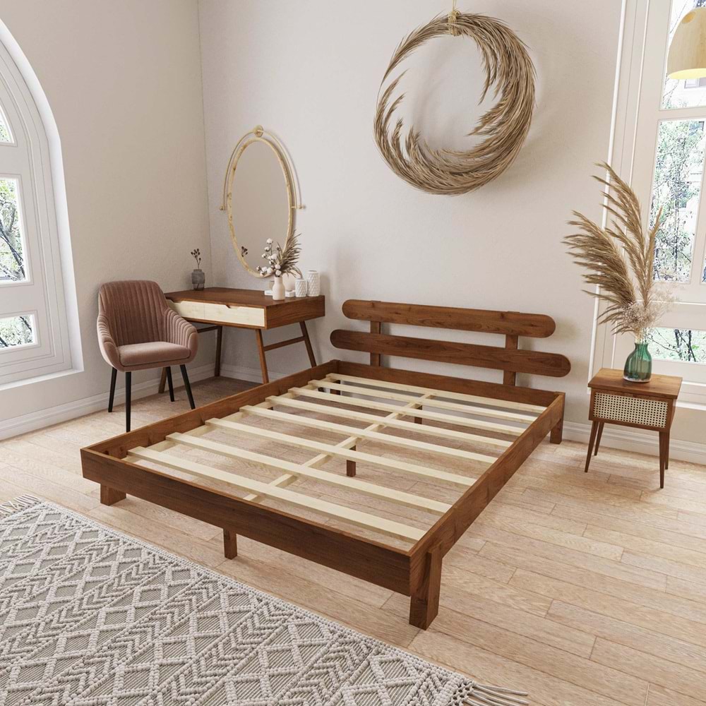 Damla Model Ceviz Renk Ahşap Karyola Ve İki komodin Set