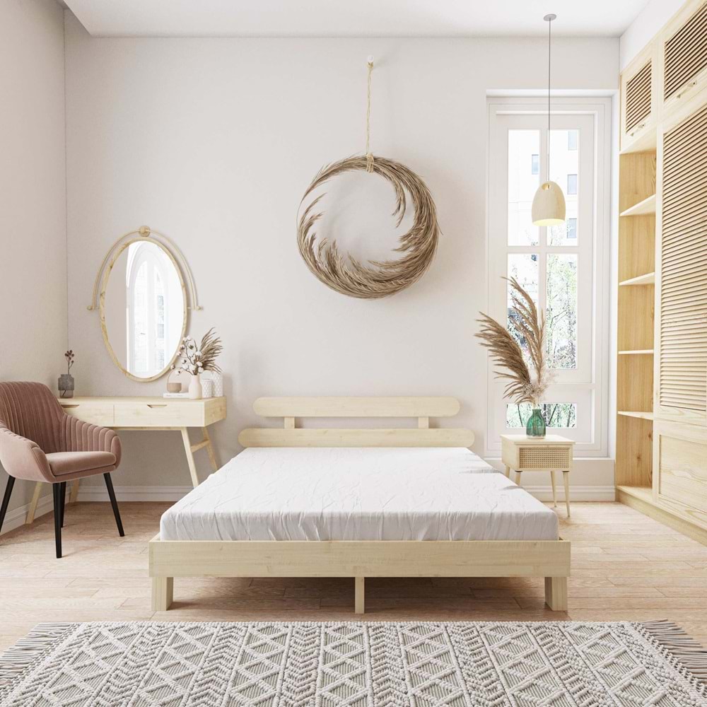 Damla Model Doğal Ahşap Karyola Ve İki komodin Set