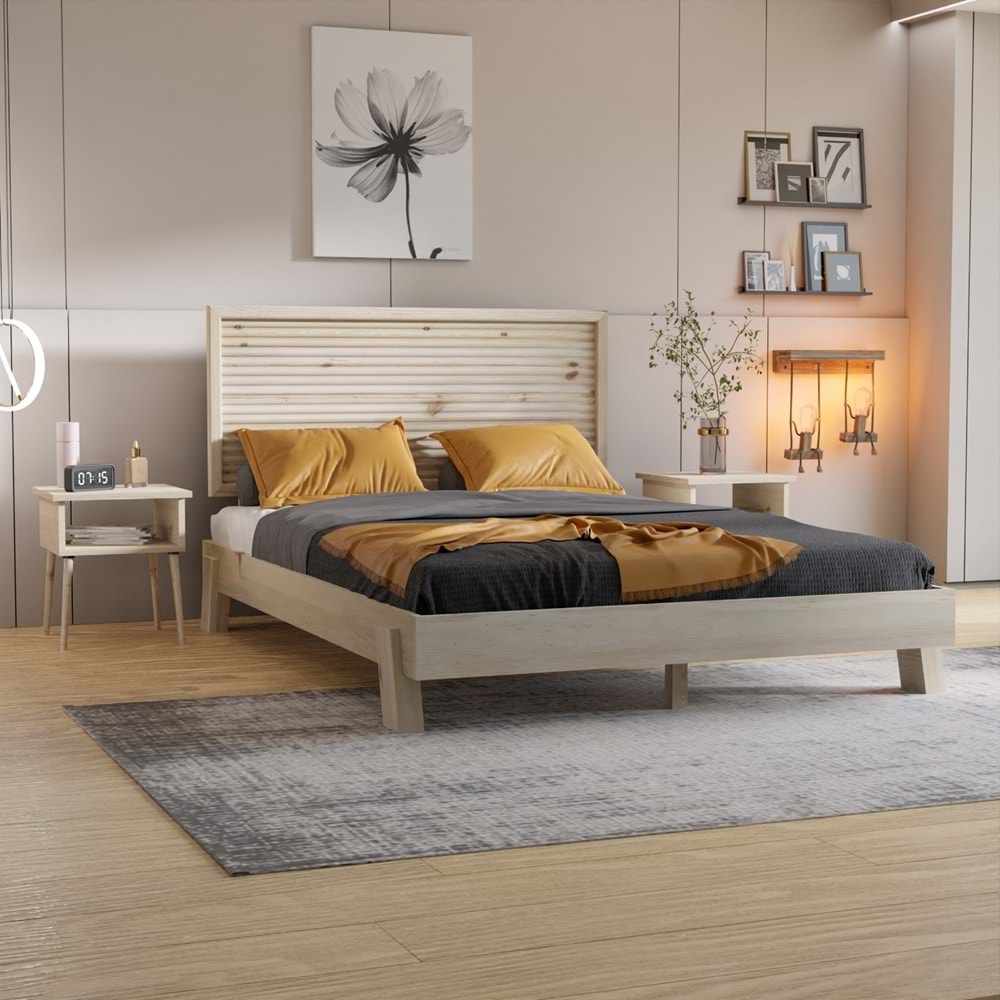 Ebruli Model Vernikli Çam Ahşap Karyola Ve İki Komodin Set ( YTY )