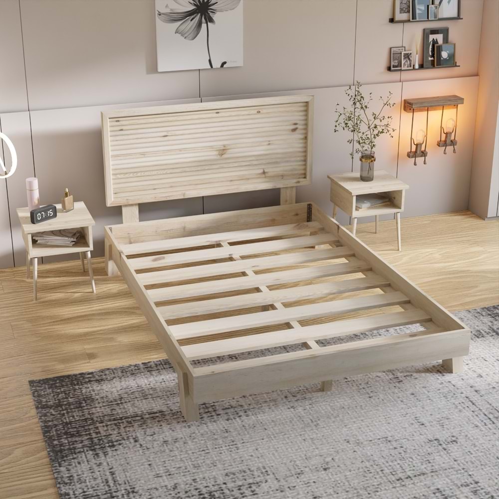 Ebruli Model Vernikli Çam Ahşap Karyola Ve İki Komodin Set ( YTY )