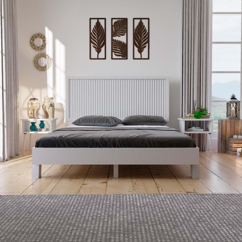 Ebruli Model Beyaz Renk Çam Ahşap Karyola Ve İki Komodin Set ( Dikey )