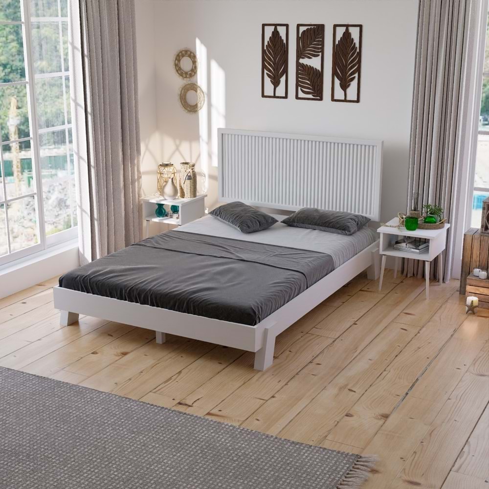 Ebruli Model Beyaz Renk Çam Ahşap Karyola Ve İki Komodin Set ( Dikey )