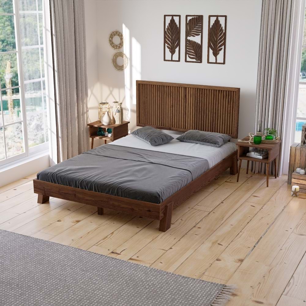 Ebruli Model Ceviz Renk Çam Ahşap Karyola Ve İki Komodin Set ( Dikey )