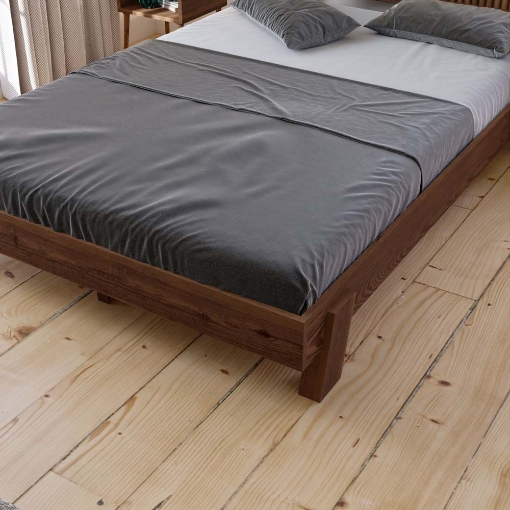 Ebruli Model Ceviz Renk Çam Ahşap Karyola Ve İki Komodin Set ( Dikey )