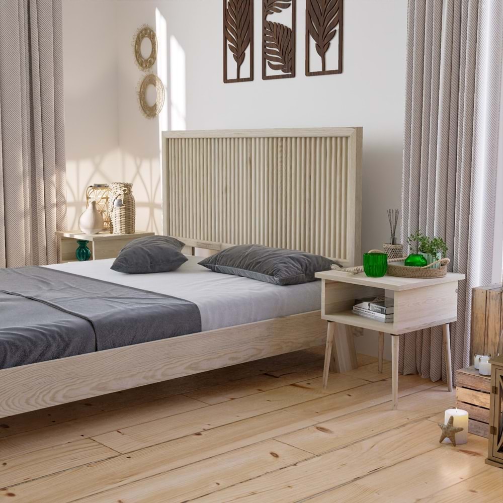 Ebruli Model Doğal Çam Ahşap Karyola Ve İki Komodin Set ( Dikey )