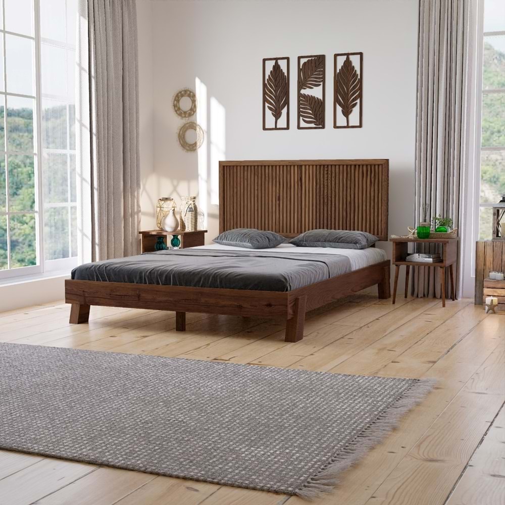 Ebruli Model Ceviz Renk Çam Ahşap Karyola