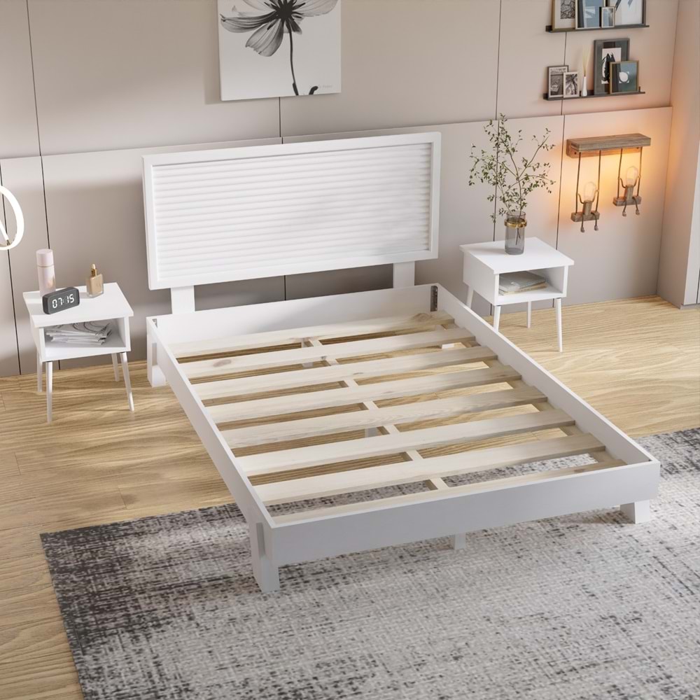 Ebruli Model Beyaz Renk Çam Ahşap Karyola Ve İki Komodin Set ( YTY )