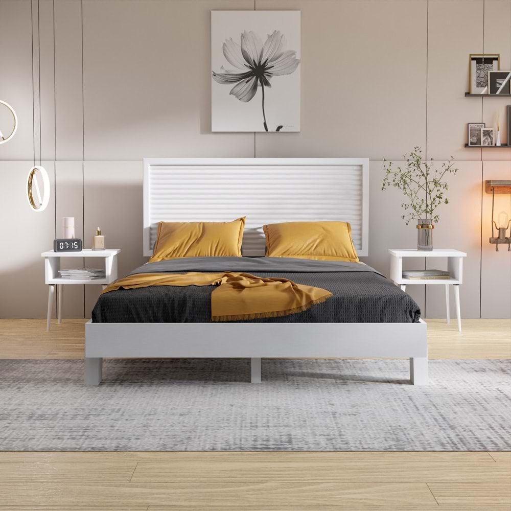 Ebruli Model Beyaz Renk Çam Ahşap Karyola Ve İki Komodin Set ( YTY )