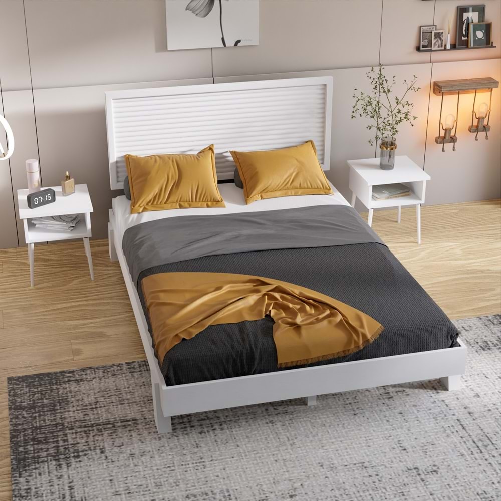 Ebruli Model Beyaz Renk Çam Ahşap Karyola Ve İki Komodin Set ( YTY )