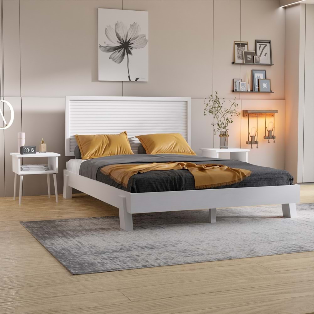 Ebruli Model Beyaz Renk Çam Ahşap Karyola Ve İki Komodin Set ( YTY )