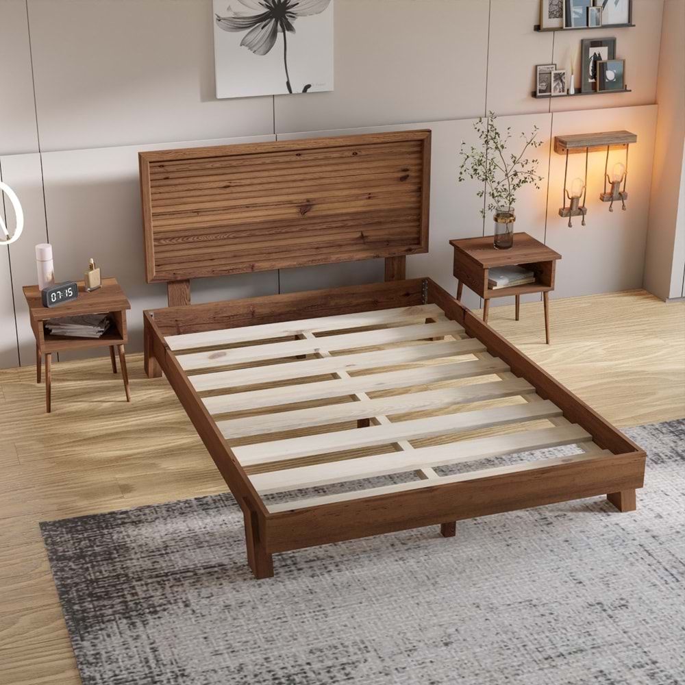 Ebruli Model Ceviz Renk Çam Ahşap Karyola