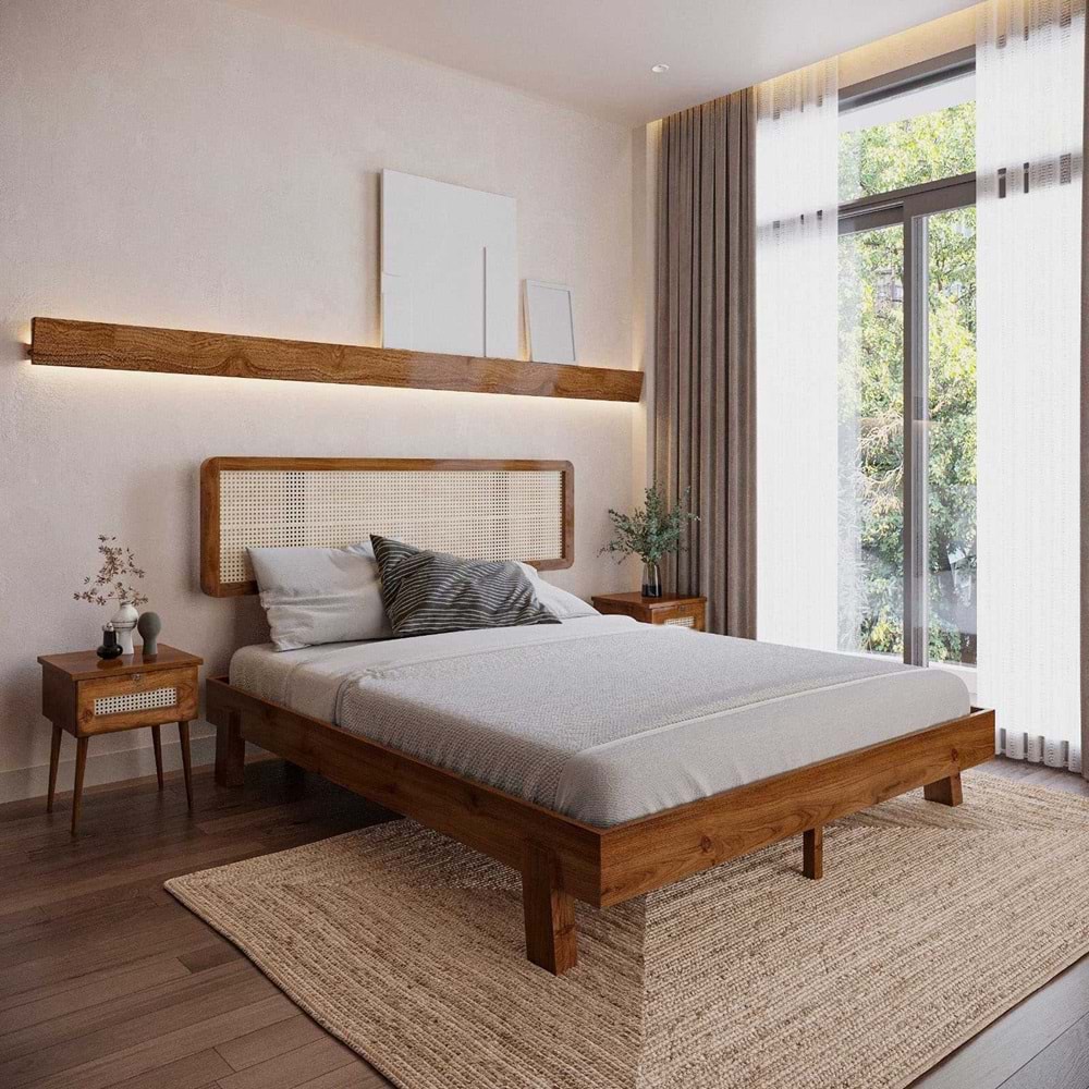 Hazeran Lilyum Model Ceviz Renk Ahşap Karyola Ve İki komodin Set