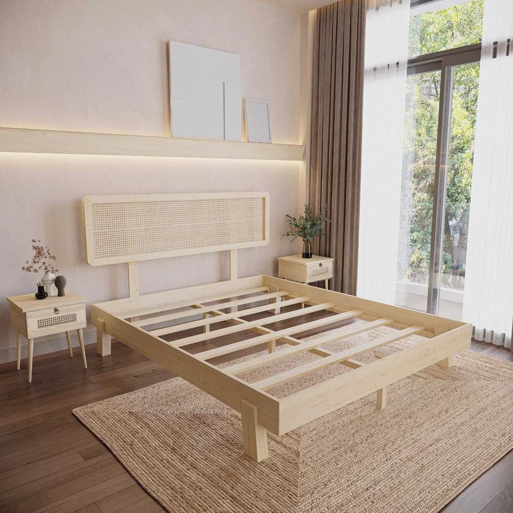 Hazeran Lilyum Model Doğal Ahşap Karyola Ve İki komodin Set