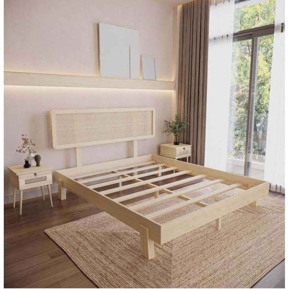 Hazeran Lilyum Model Doğal Ahşap Karyola Ve İki komodin Set