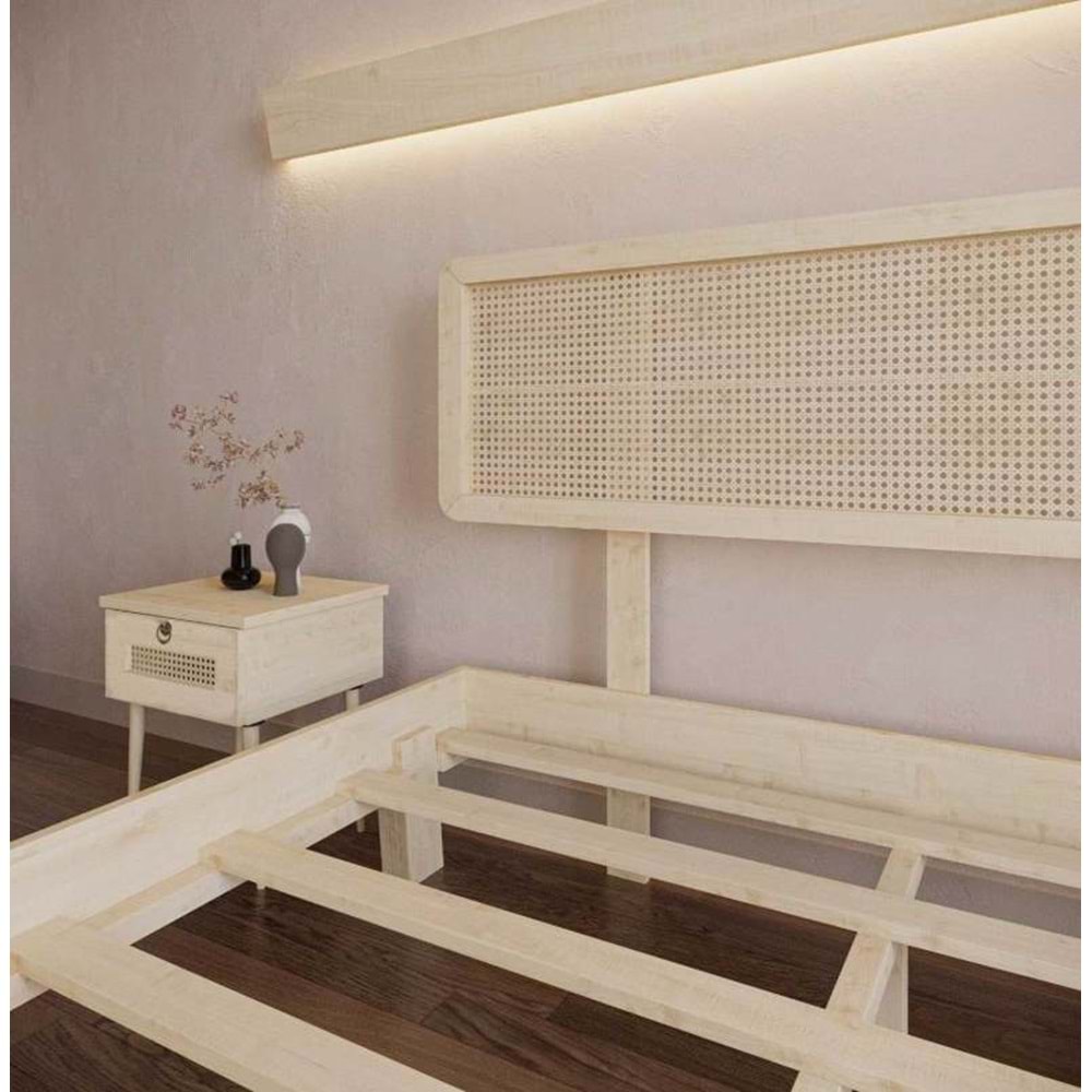 Hazeran Lilyum Model Doğal Ahşap Karyola Ve İki komodin Set