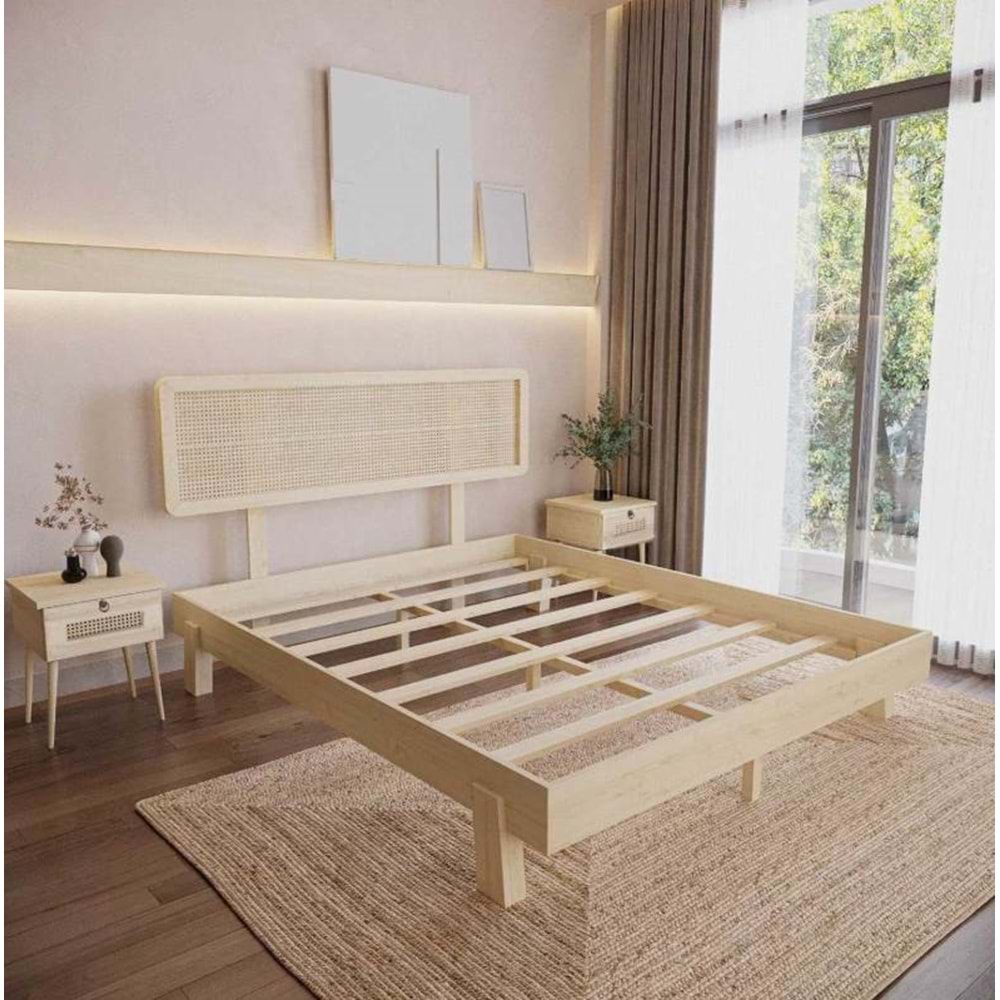 Hazeran Lilyum Model Vernikli Ahşap Karyola Ve İki komodin Set