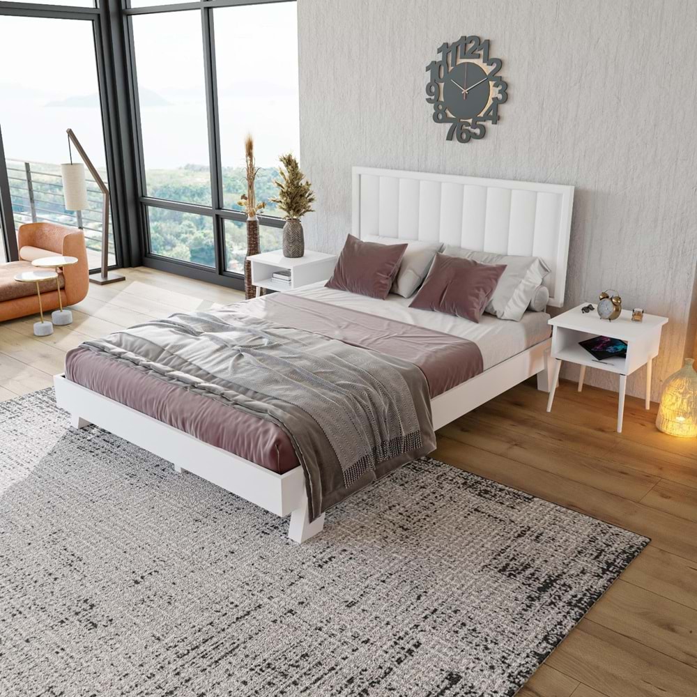 Hüma Model Beyaz Renk Çam Ahşap Karyola Ve İki Komodin Set ( Dikey )