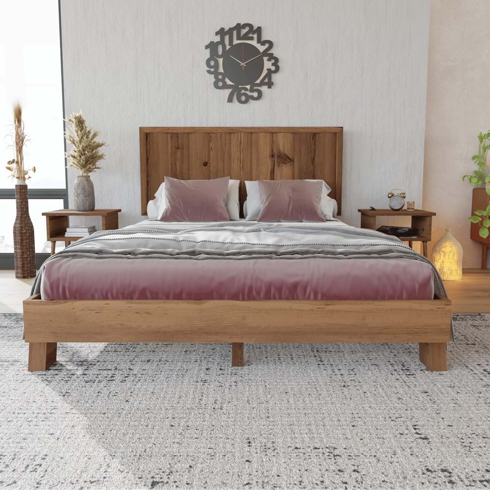 Hüma Model Ceviz Renk Çam Ahşap Karyola Ve İki Komodin Set ( Dikey )