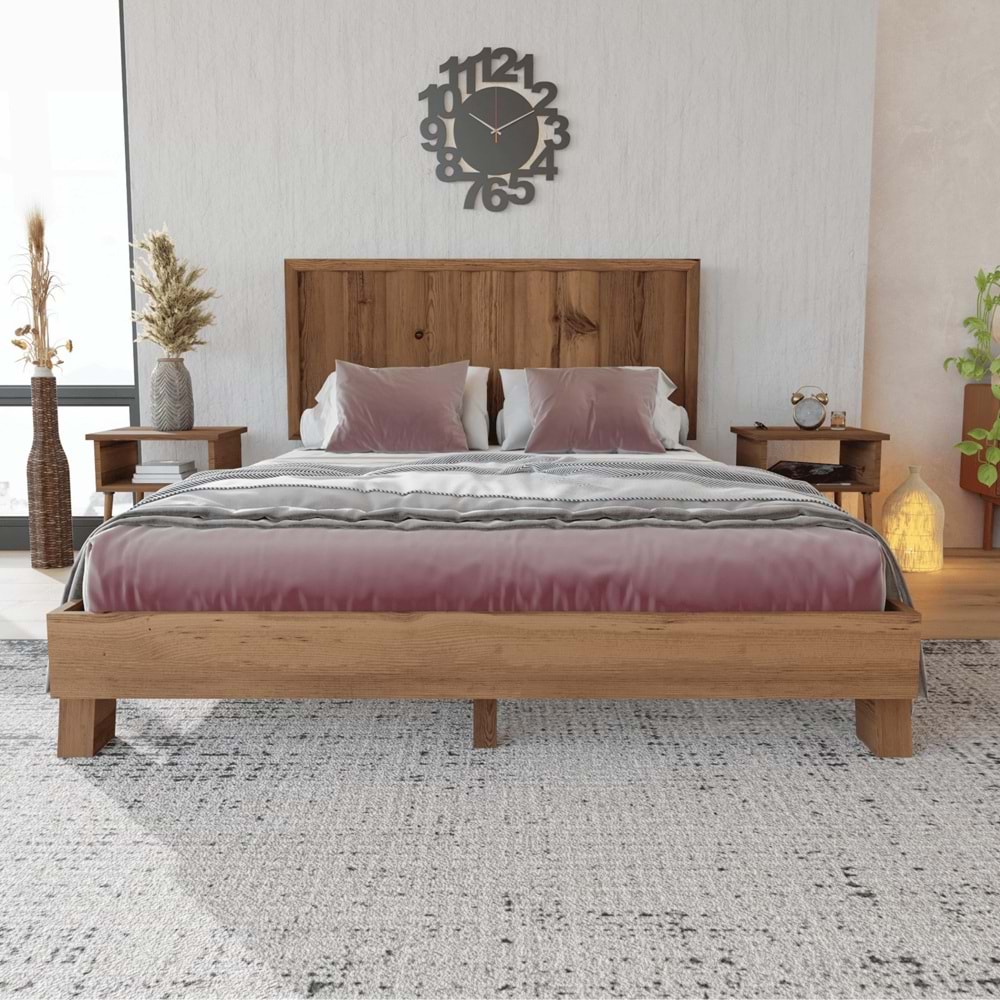 Hüma Model Ceviz Renk Çam Ahşap Karyola Ve İki Komodin Set ( Dikey )