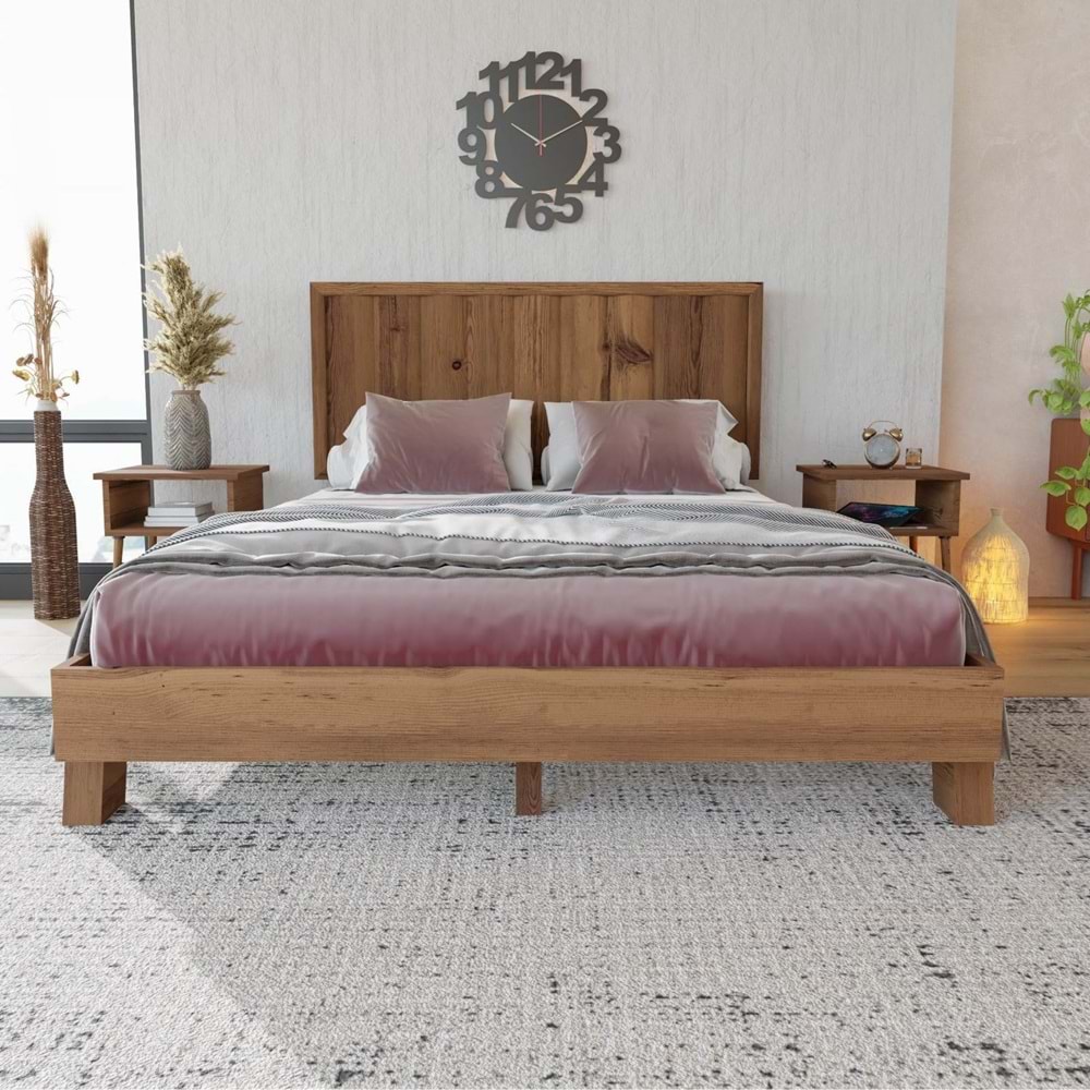 Hüma Model Ceviz Renk Çam Ahşap Karyola Ve İki Komodin Set ( Dikey )