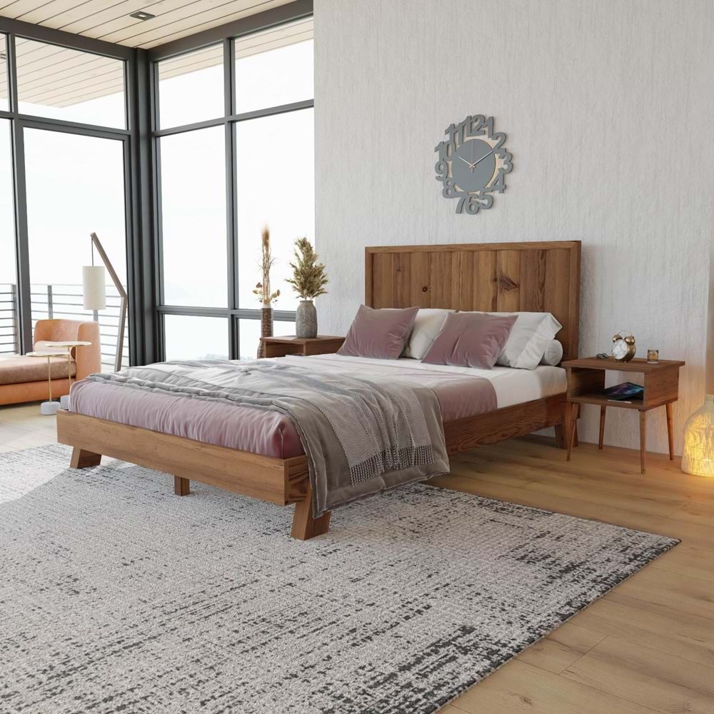 Hüma Model Ceviz Renk Çam Ahşap Karyola Ve İki Komodin Set ( Dikey )