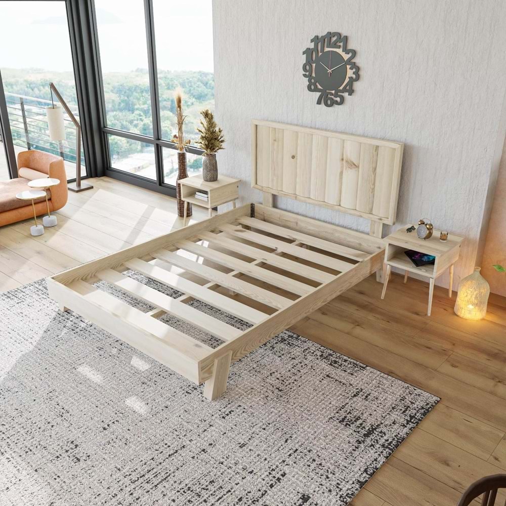 Hüma Model Doğal Çam Ahşap Karyola Ve İki Komodin Set ( Dikey )